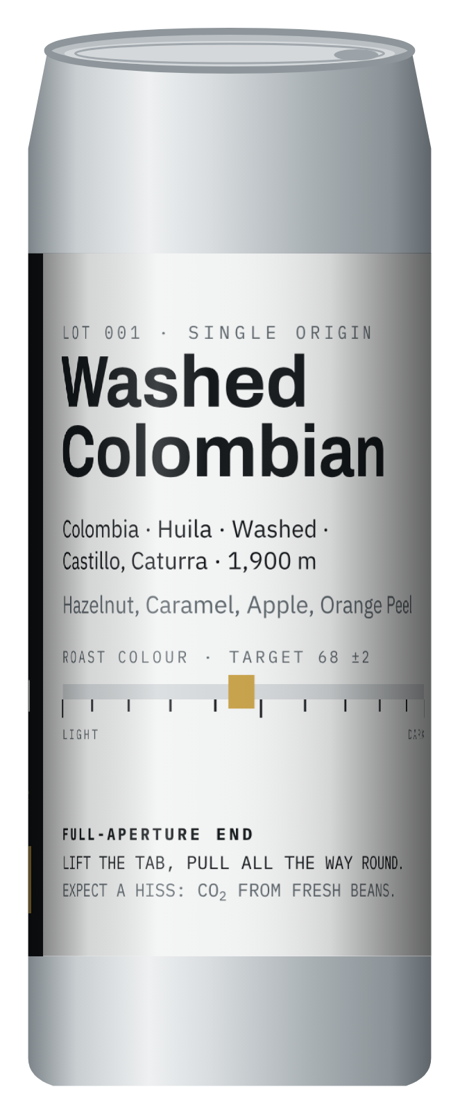 Concept render of a Double Seam 568 ml aluminium can with the Lot 001 Washed Colombian label